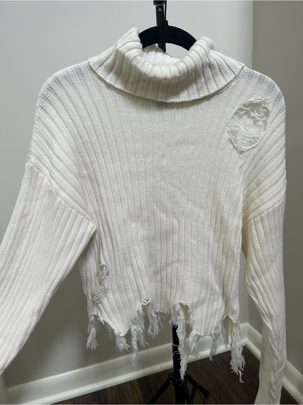 Forever 21 White Distressed Ribbed Turtleneck Sweater